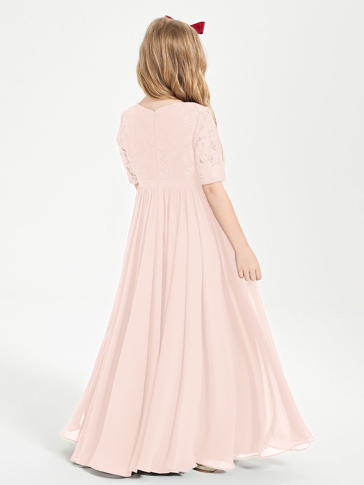 Lace Top Half Sleeved Junior Bridesmaids Dresses Pearl Pink